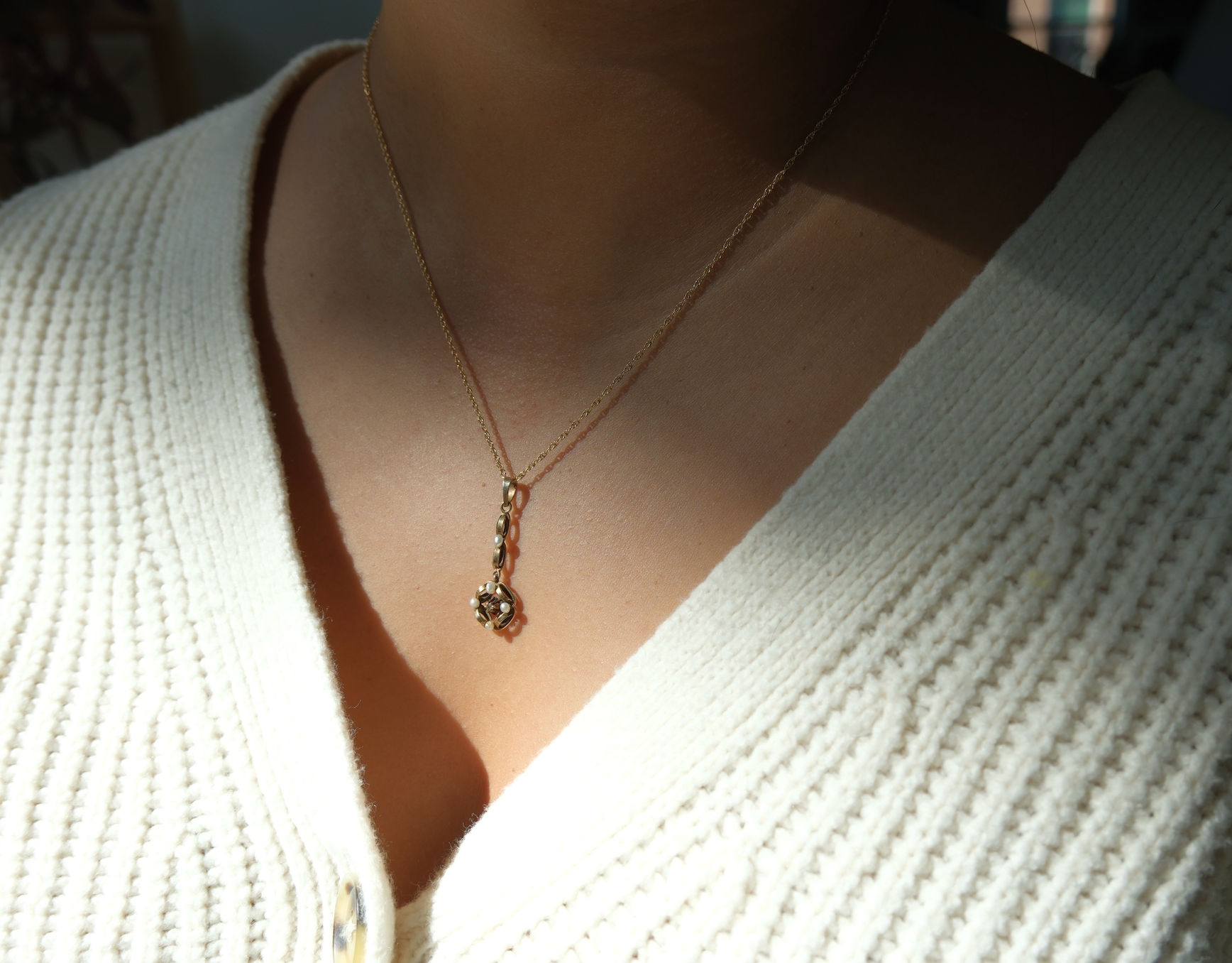 Iris 10K Art Nouveau Diamond and Pearl Lavalier Necklace - Stone Cooper