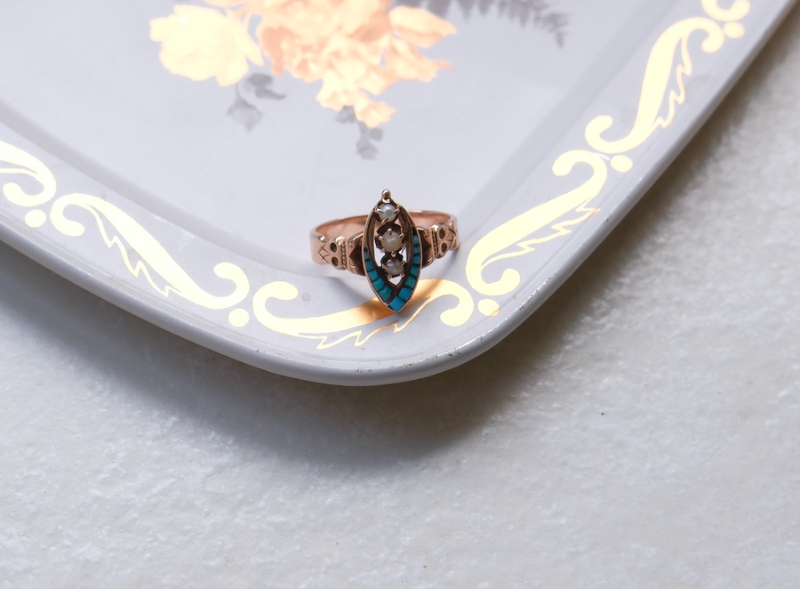 14K Victorian Pearl and Turquoise Navette Ring (7.75) - Stone Cooper