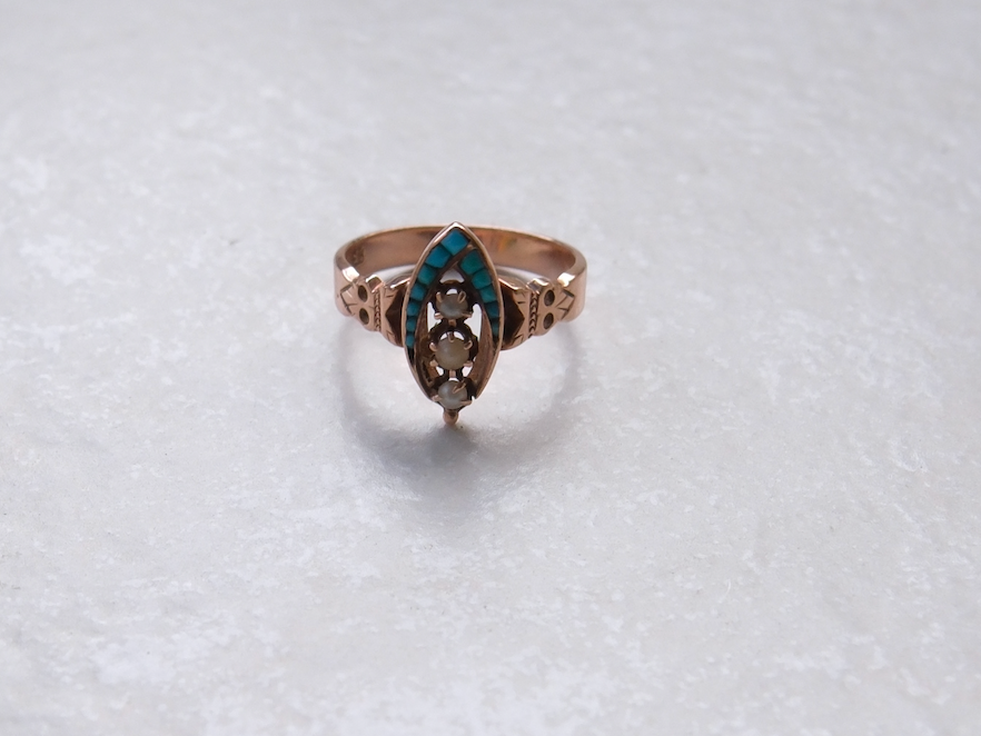 14K Victorian Pearl and Turquoise Navette Ring (7.75) - Stone Cooper